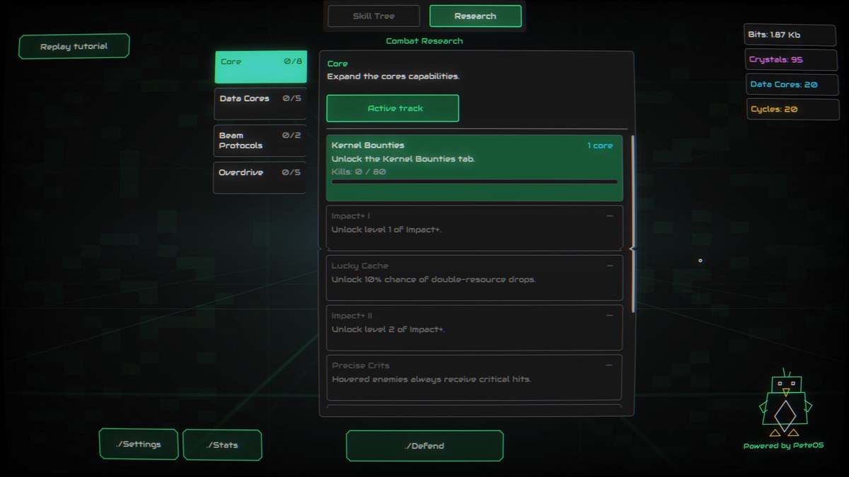 Hex Core gameplay screenshot — PeteOS defense against virus waves by Serious Penguin Studios