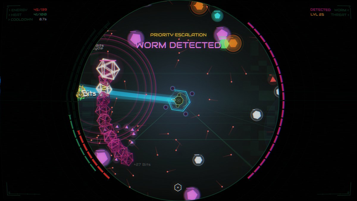 Hex Core screenshot — research tree and weapon unlocks in incremental defense