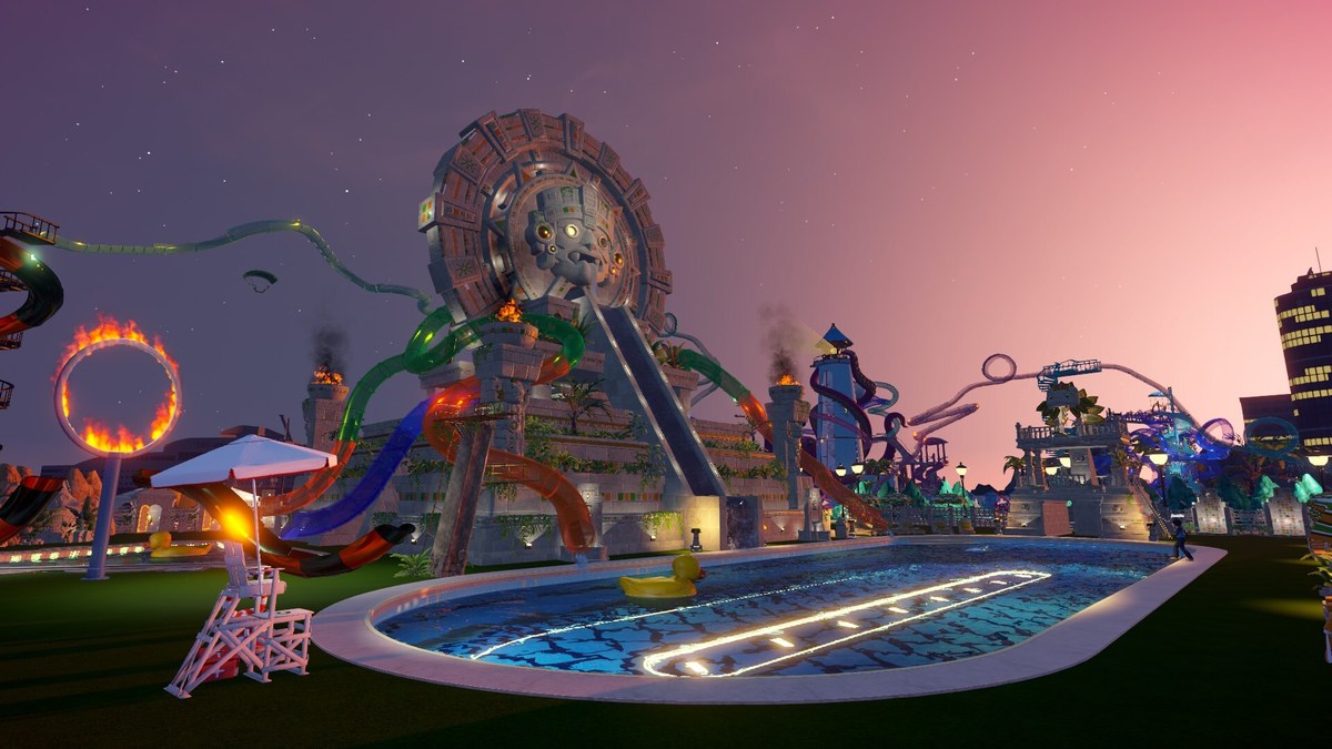 Waterpark Simulator screenshot — custom slide construction with loops and spirals