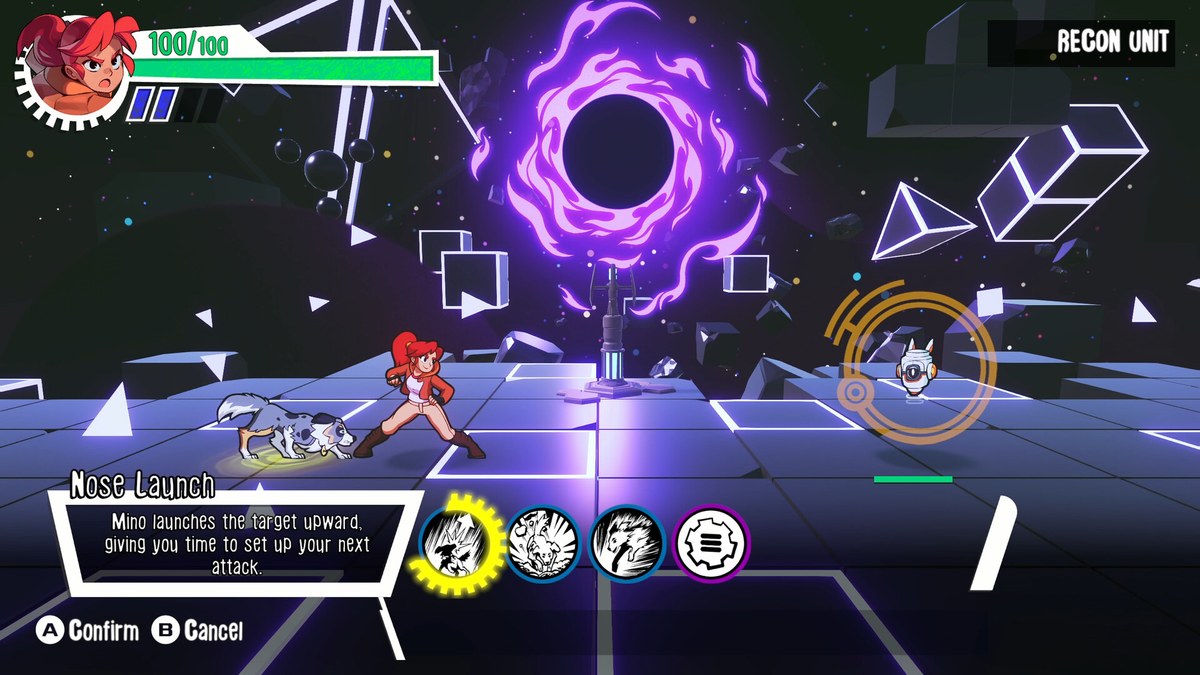 Signy and Mino combat screenshot — Big Swing combo mechanic launches enemies for aerial juggling