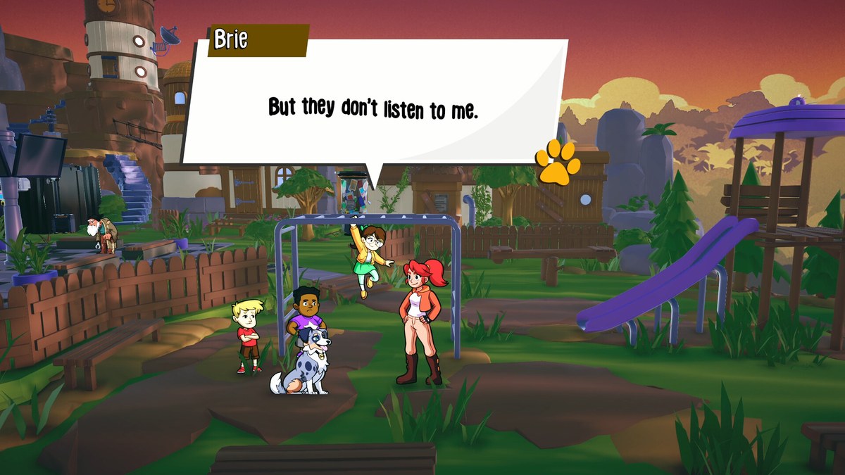 Signy and Mino screenshot — Mino the pup executes Fetch and Fling combo mechanic mid-air