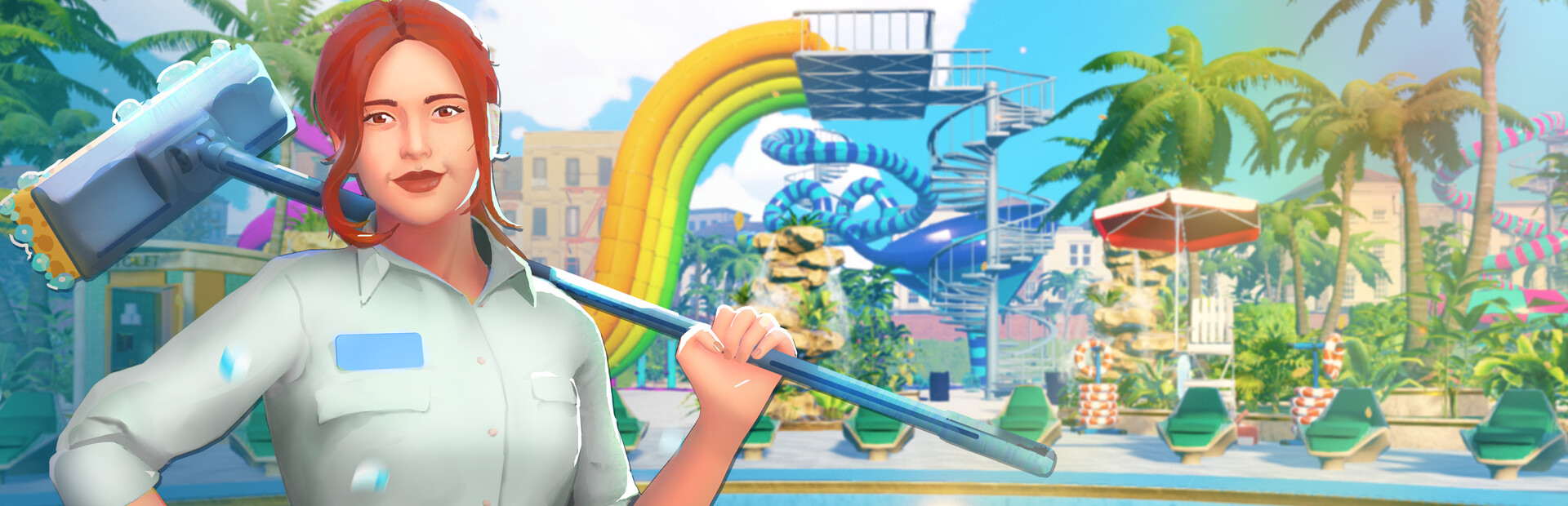 Waterpark Simulator Steam header — first-person management sim by CayPlay